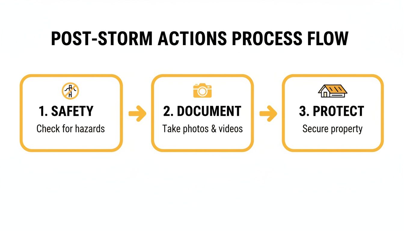 Flowchart detailing post-storm actions: 1. Safety (check hazards), 2. Document (photos/videos), 3. Protect (secure property).