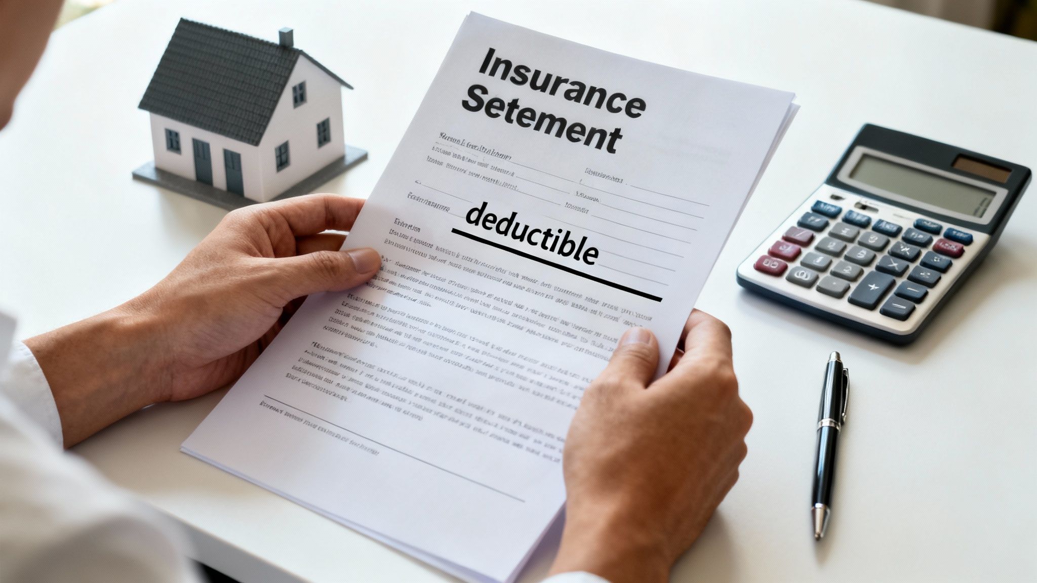 Hands holding an insurance statement highlighting 'deductible', with a model house, calculator, and pen.