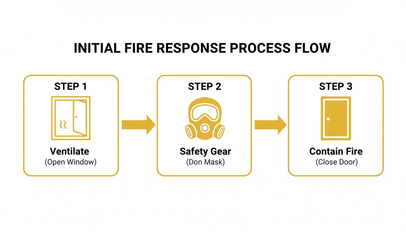 Flowchart detailing three steps for initial fire response: ventilate, safety gear, contain fire.