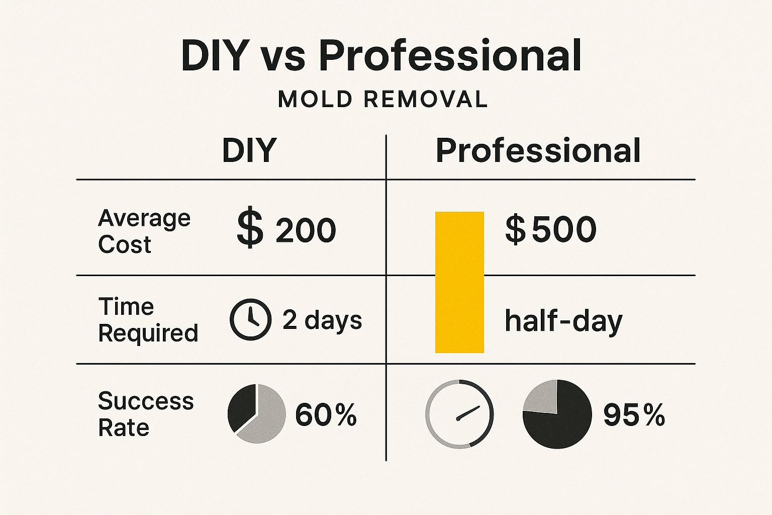 Finding Mold Removal Companies Near Me: A Los Angeles Homeowner's Guide 3 Infographic comparing the average cost, time required, and success rate of DIY versus professional mold removal.