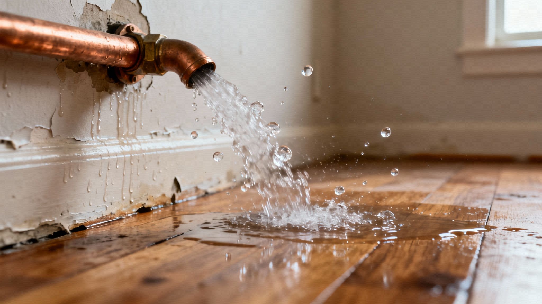 A copper pipe gushing water onto a wooden floor, with water damage on the wall.
