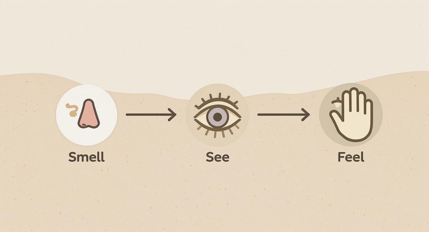 Infographic showing a process flow for spotting crawl space mold using icons for smell, sight, and feel.
