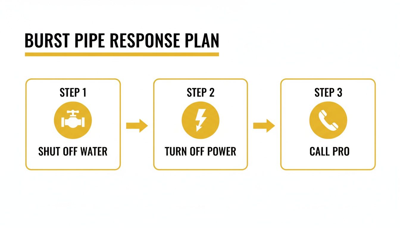 A three-step burst pipe response plan infographic showing shut off water, turn off power, and call pro.