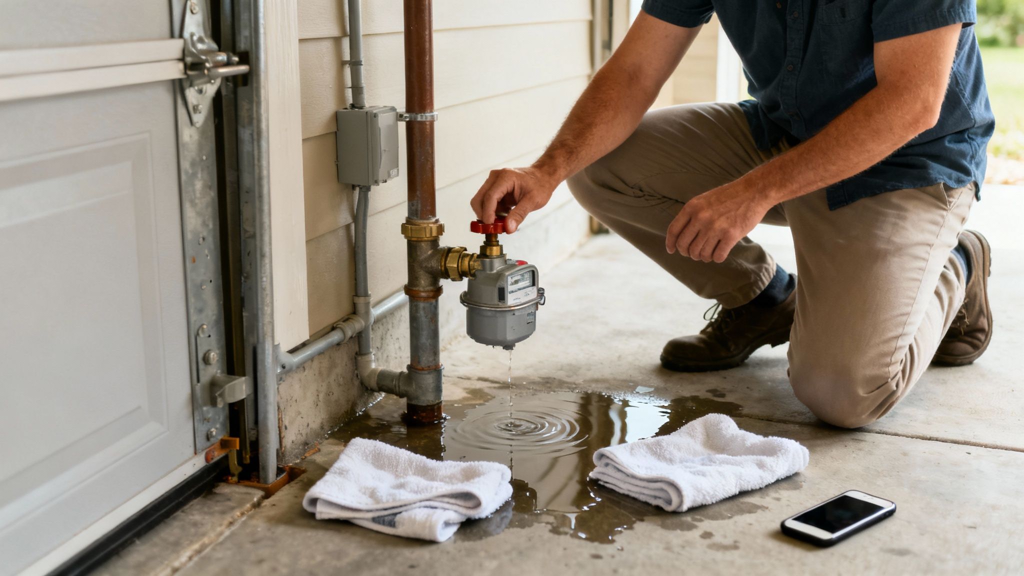 Crouching man adjusts a water meter valve, with water leaking onto the concrete floor.