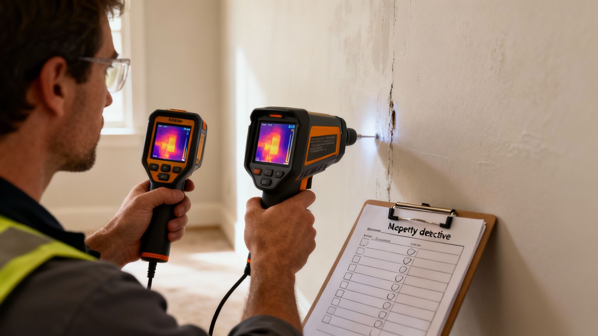 Technician uses thermal imaging cameras to inspect a damaged wall for moisture and cracks.