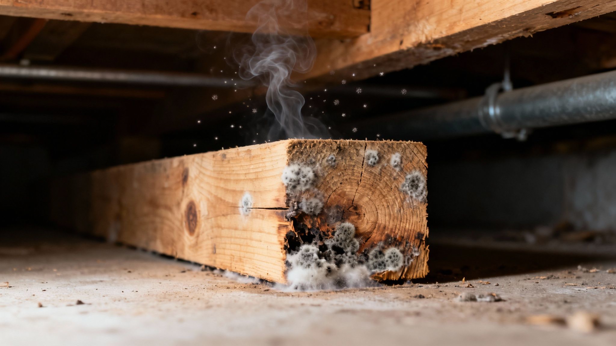 A damp and dark crawl space showing signs of moisture damage on the wooden support beams and pipes.