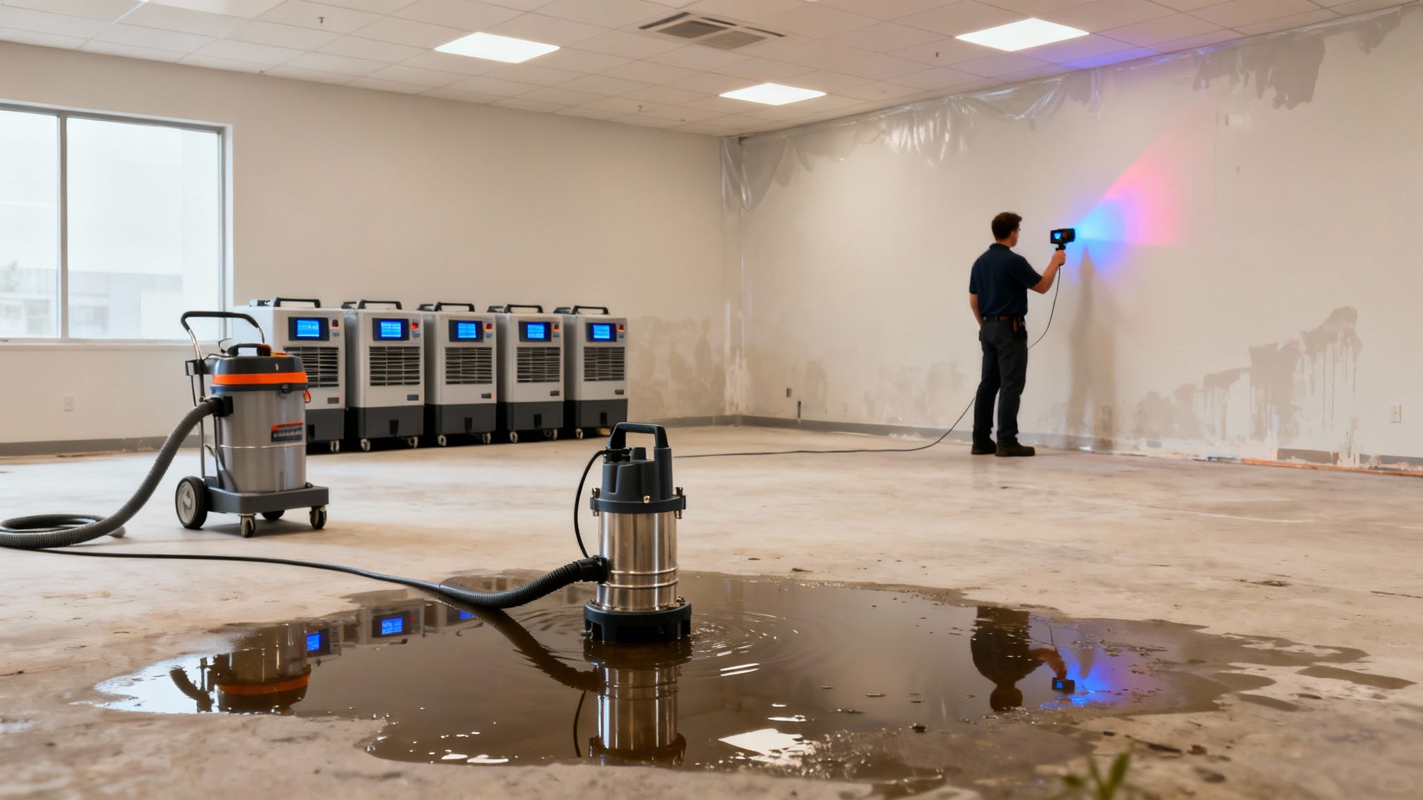A commercial building undergoes water damage restoration with a worker inspecting a wall and equipment drying the space.