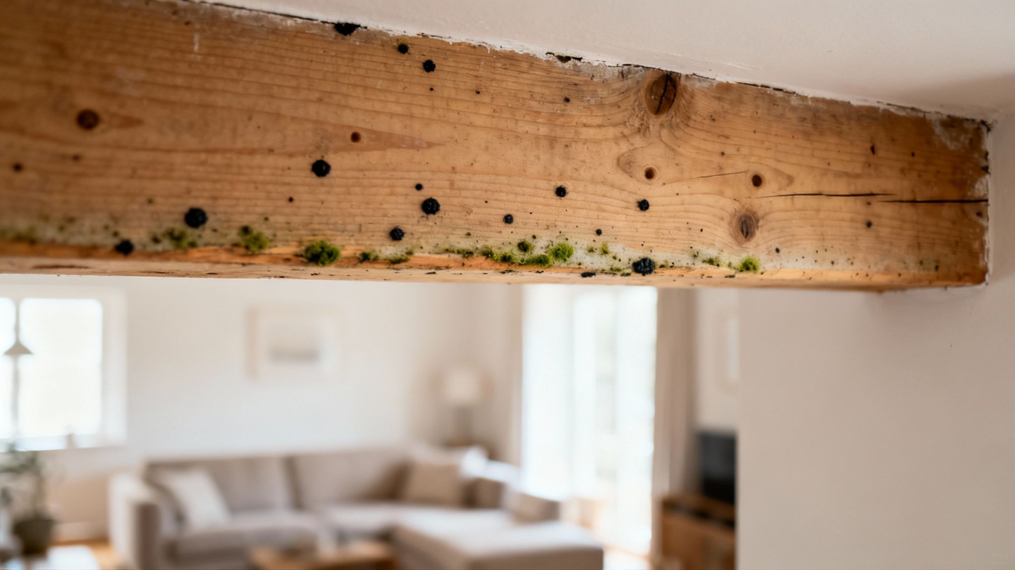 A wooden ceiling beam with significant black mold and green organic growth inside a house.