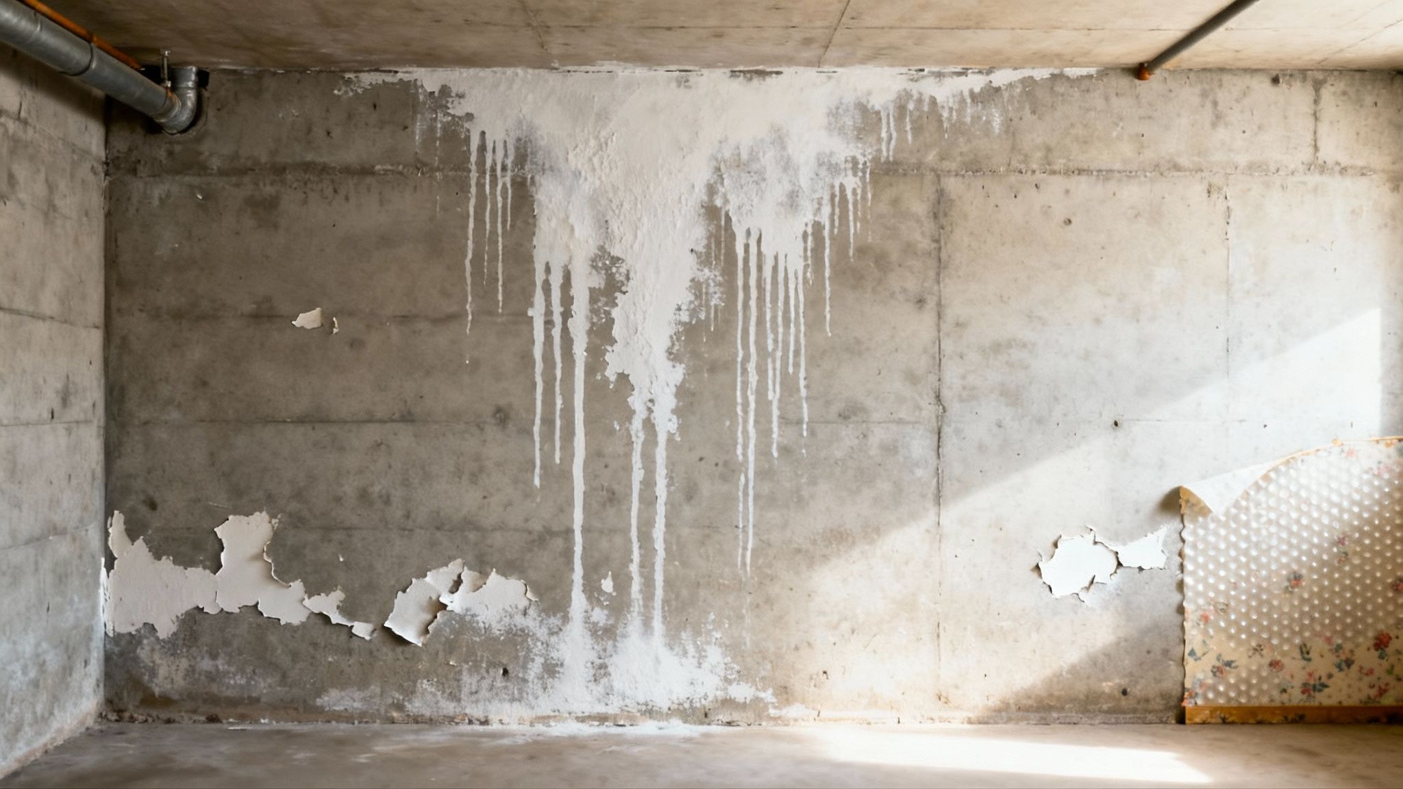 Concrete basement wall showing severe water damage with white mineral deposits and peeling paint