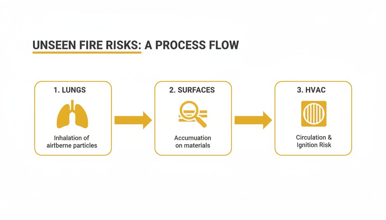 A process flow diagram detailing unseen fire risks, from particle inhalation to HVAC ignition.