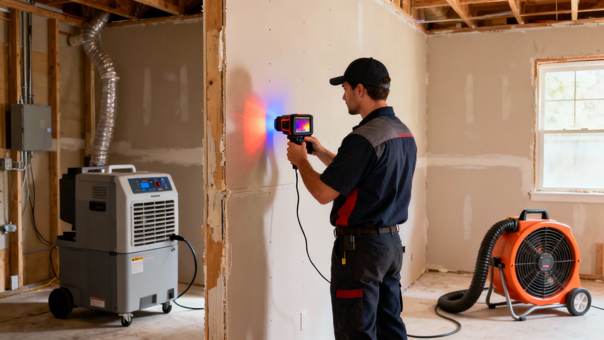 A technician uses a thermal camera to inspect a wall for moisture or heat issues during a burst pipe repair.