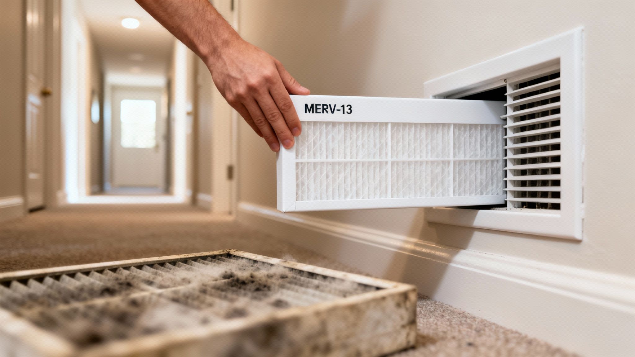 A hand inserts a clean MERV-13 air filter into a wall vent, next to a dirty old filter.