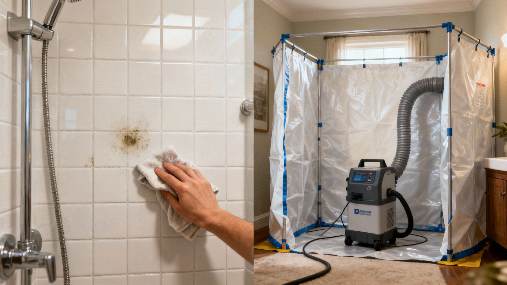 A professional mold remediation expert wearing a full-face respirator and protective suit carefully removes a section of mold-infested drywall.