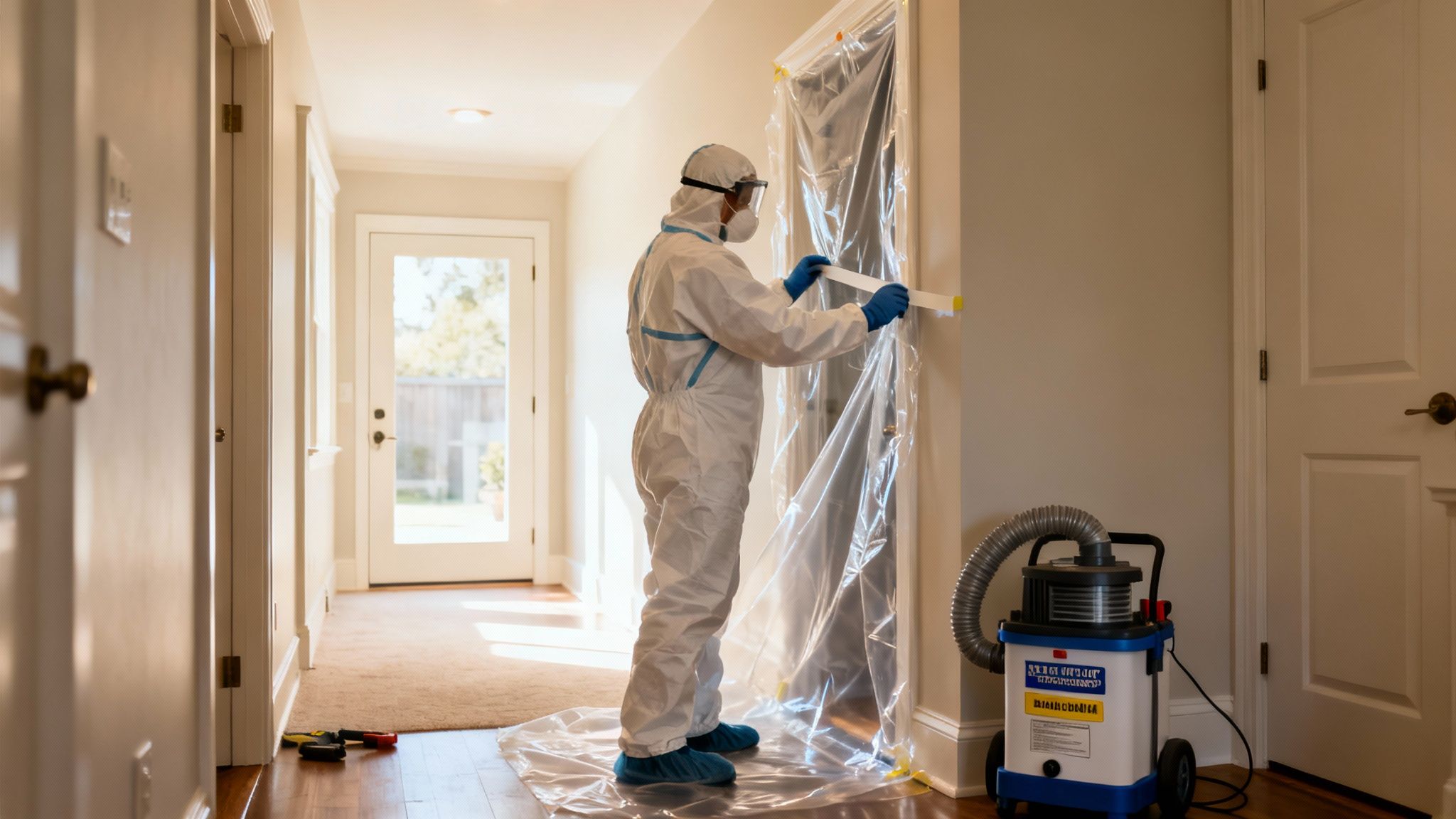 A worker in a protective suit and mask seals a doorway for environmental remediation.