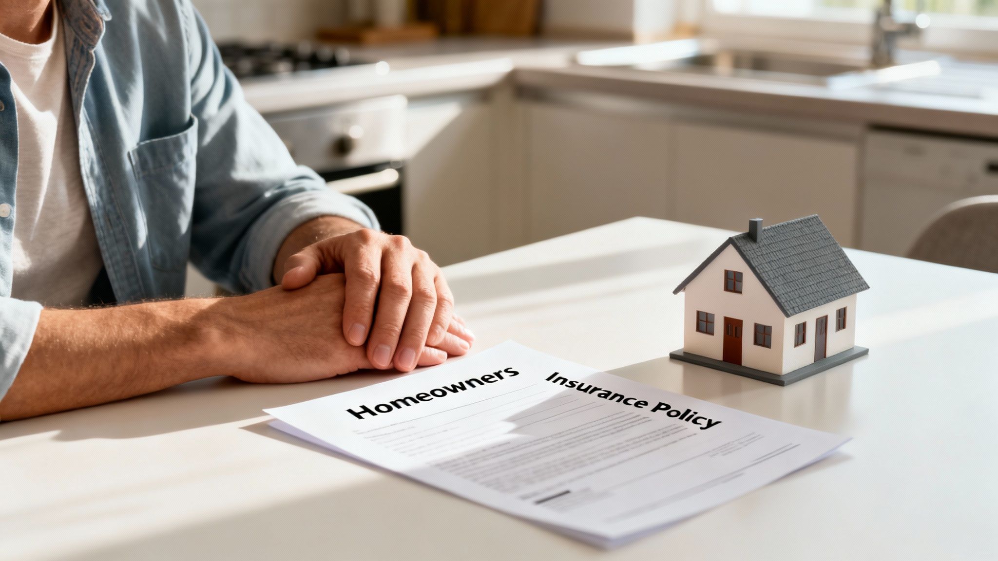 Man with homeowners insurance policy document and house model on a table in a bright room.