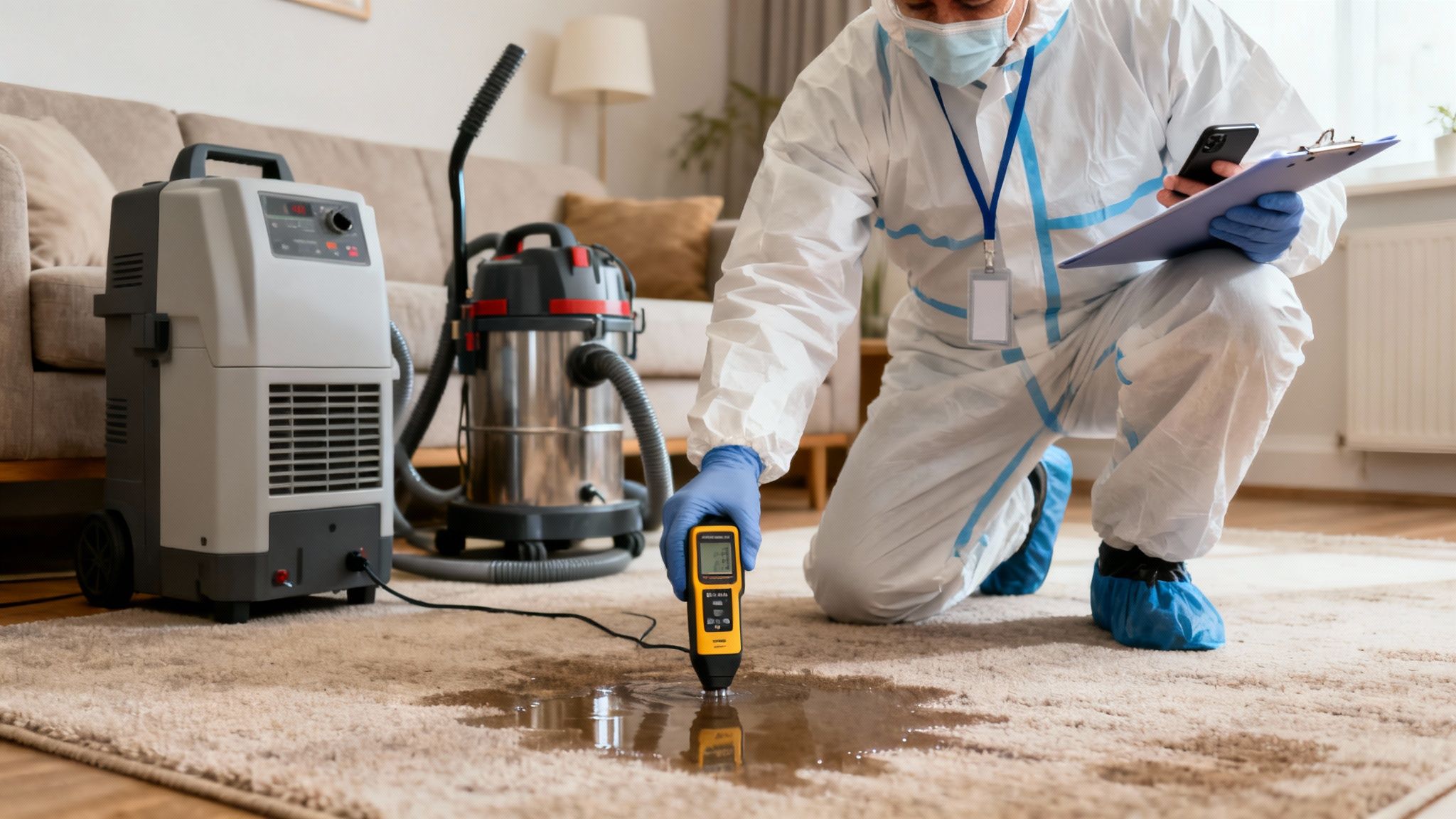 Professional in protective suit uses a moisture meter to inspect water damage on a carpet.