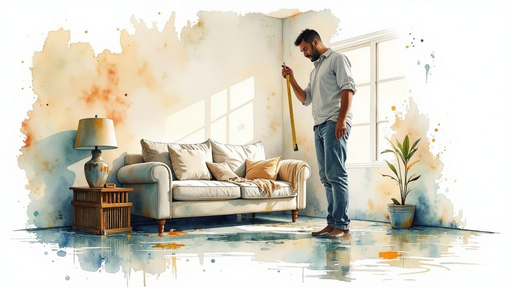 A professional in protective gear assessing water damage in a flooded room.