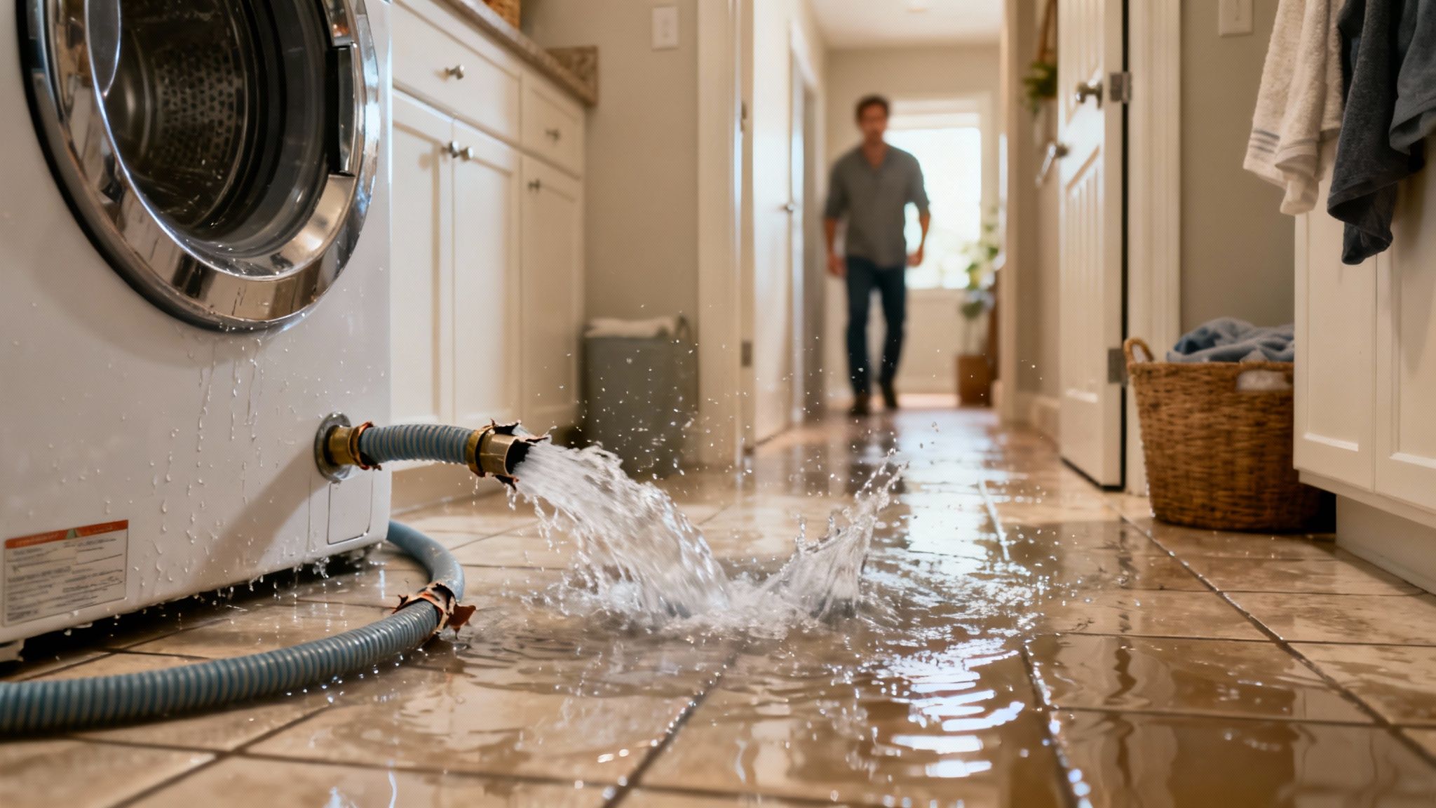 A broken washing machine hose leaks water, creating a puddle on a tiled floor with a man in the background.
