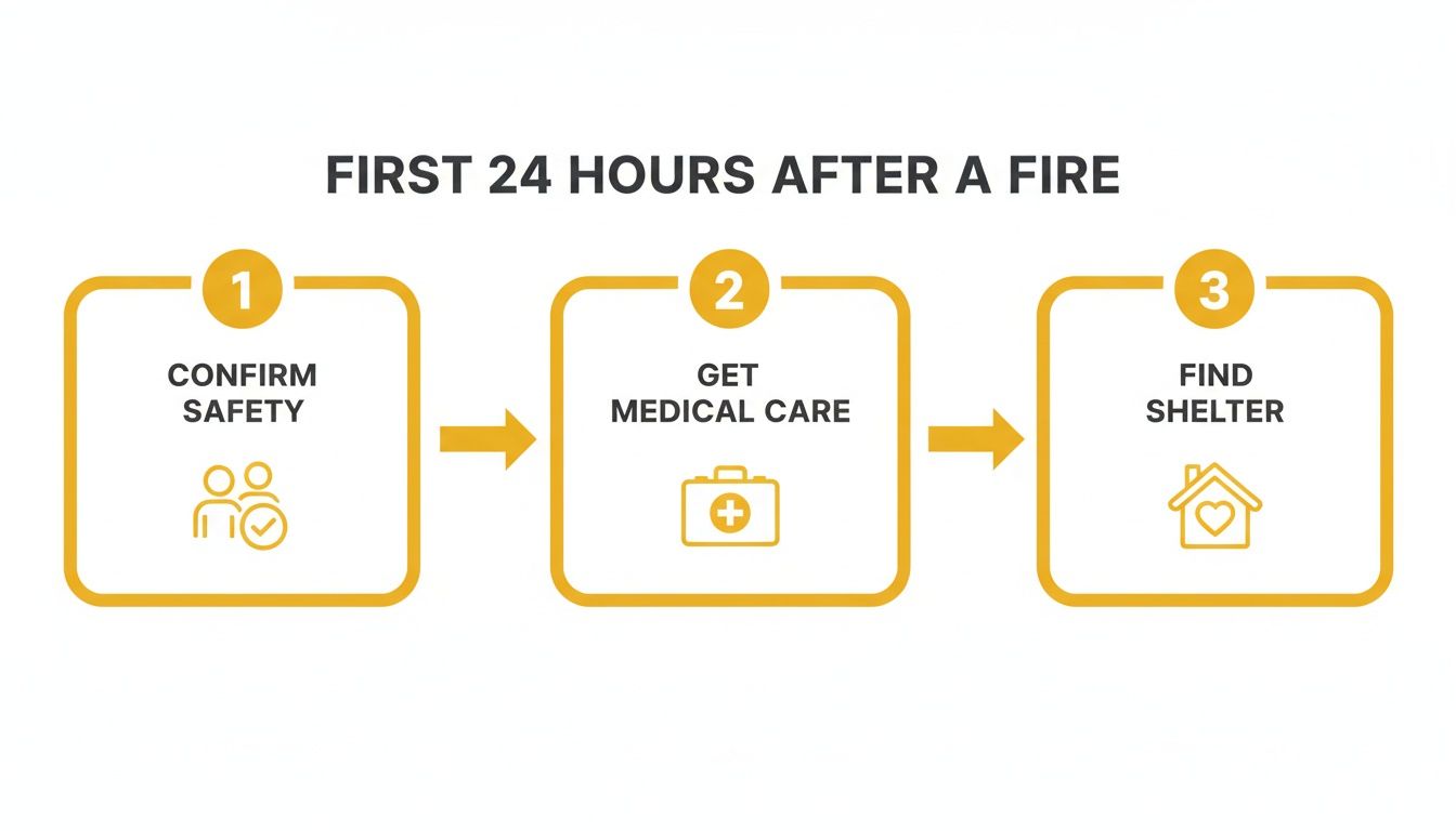 A step-by-step infographic on the first 24 hours after a fire: confirm safety, get medical care, find shelter.