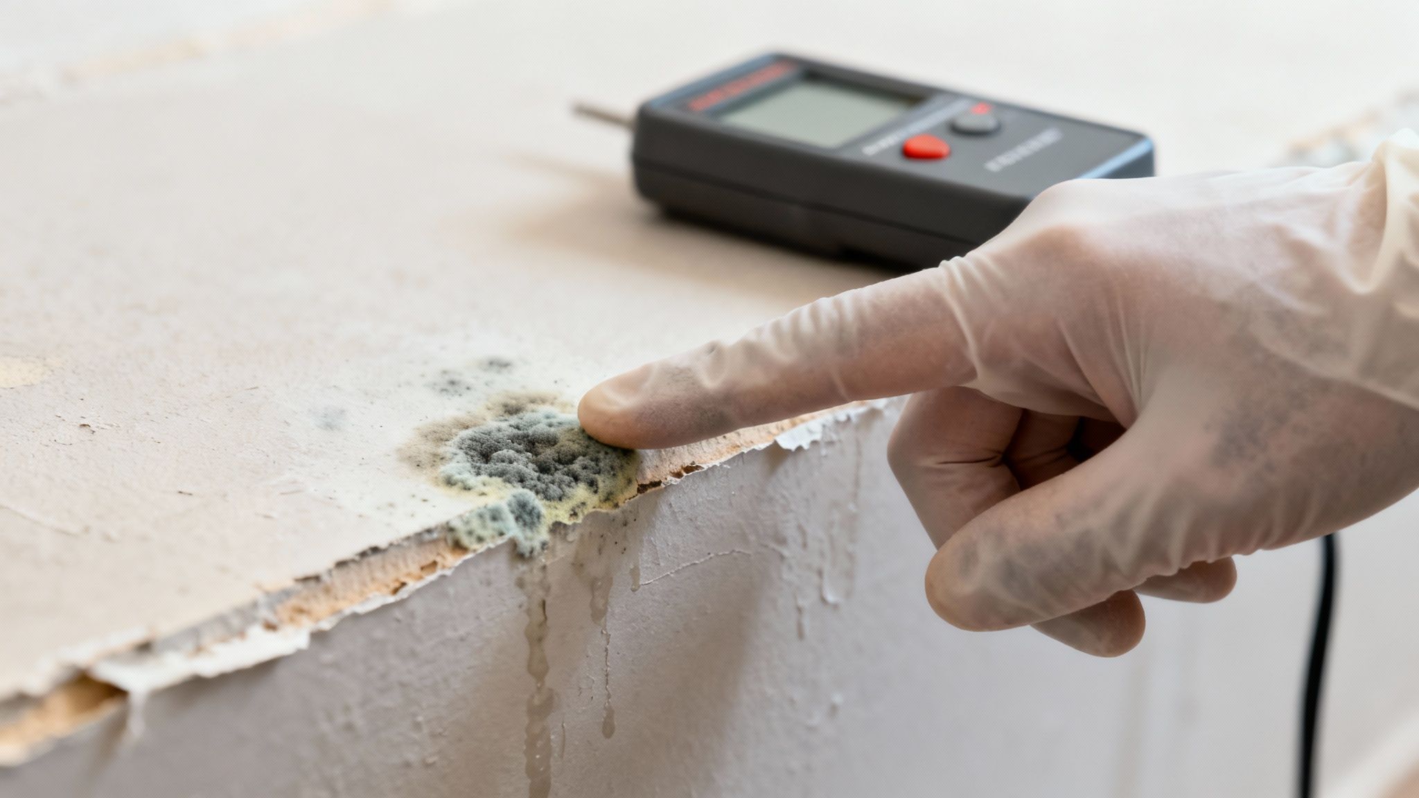 Professional mold inspection technician examining black mold growth on damaged drywall with moisture meter