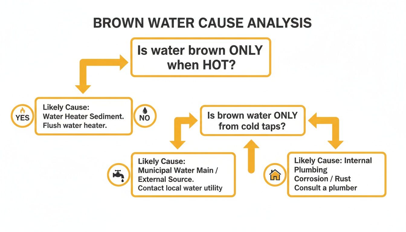 Flowchart analyzing causes of brown water, differentiating based on water temperature and tap source.