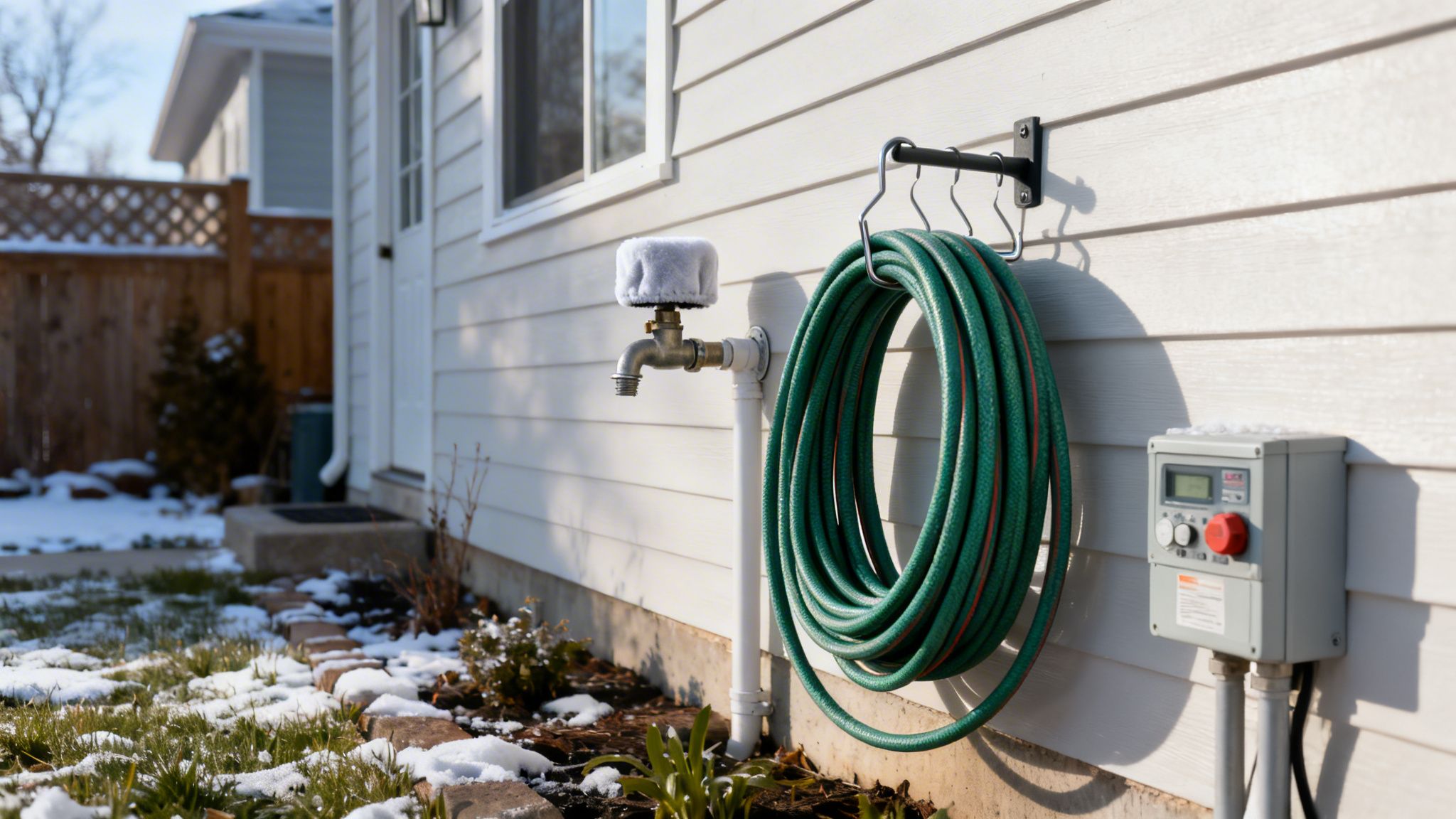 A house exterior in winter showing a covered outdoor spigot, coiled hose, and electrical box.
