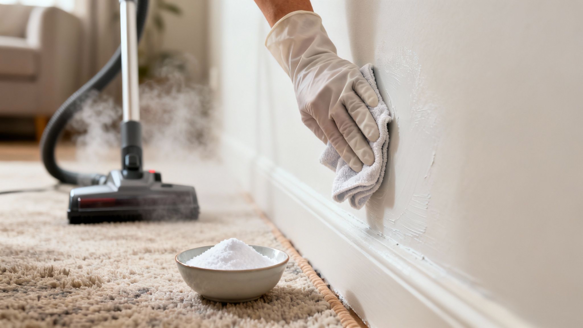 A gloved hand cleans a white wall near a steaming vacuum and a bowl of baking soda on carpet.