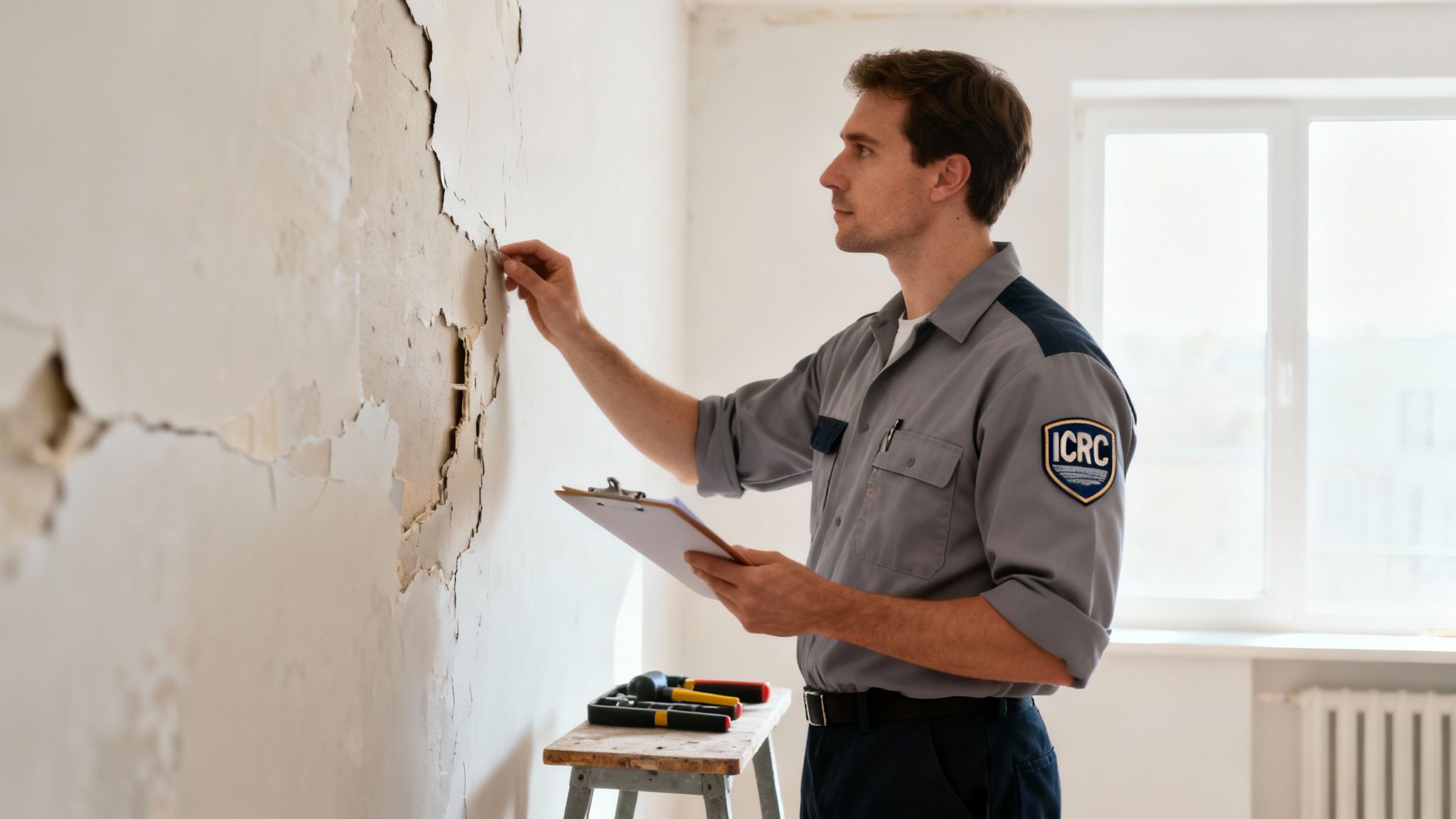 A professional inspects a severely damaged wall with peeling paint and holes, holding a clipboard.