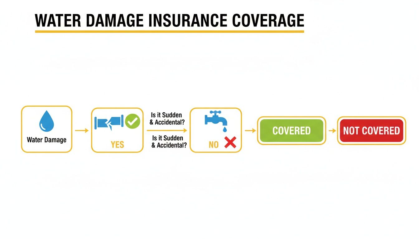 A flowchart explaining water damage insurance coverage; sudden and accidental damage is covered, non-sudden is not.