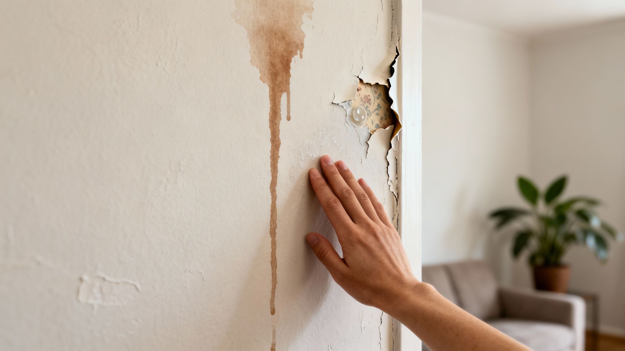 A person's hand touches a residential wall showing severe water damage, including peeling paint and brown stains.