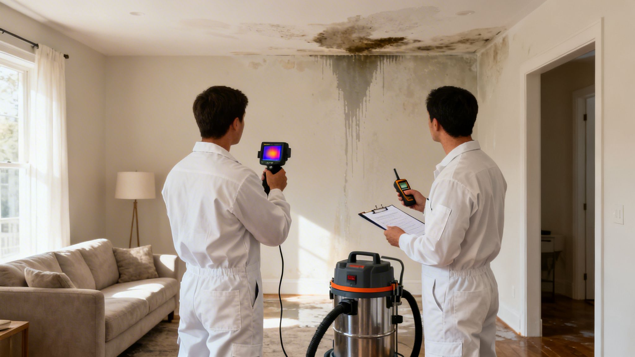 Two water damage repair technicians assess a ceiling and walls with severe mold and water damage.