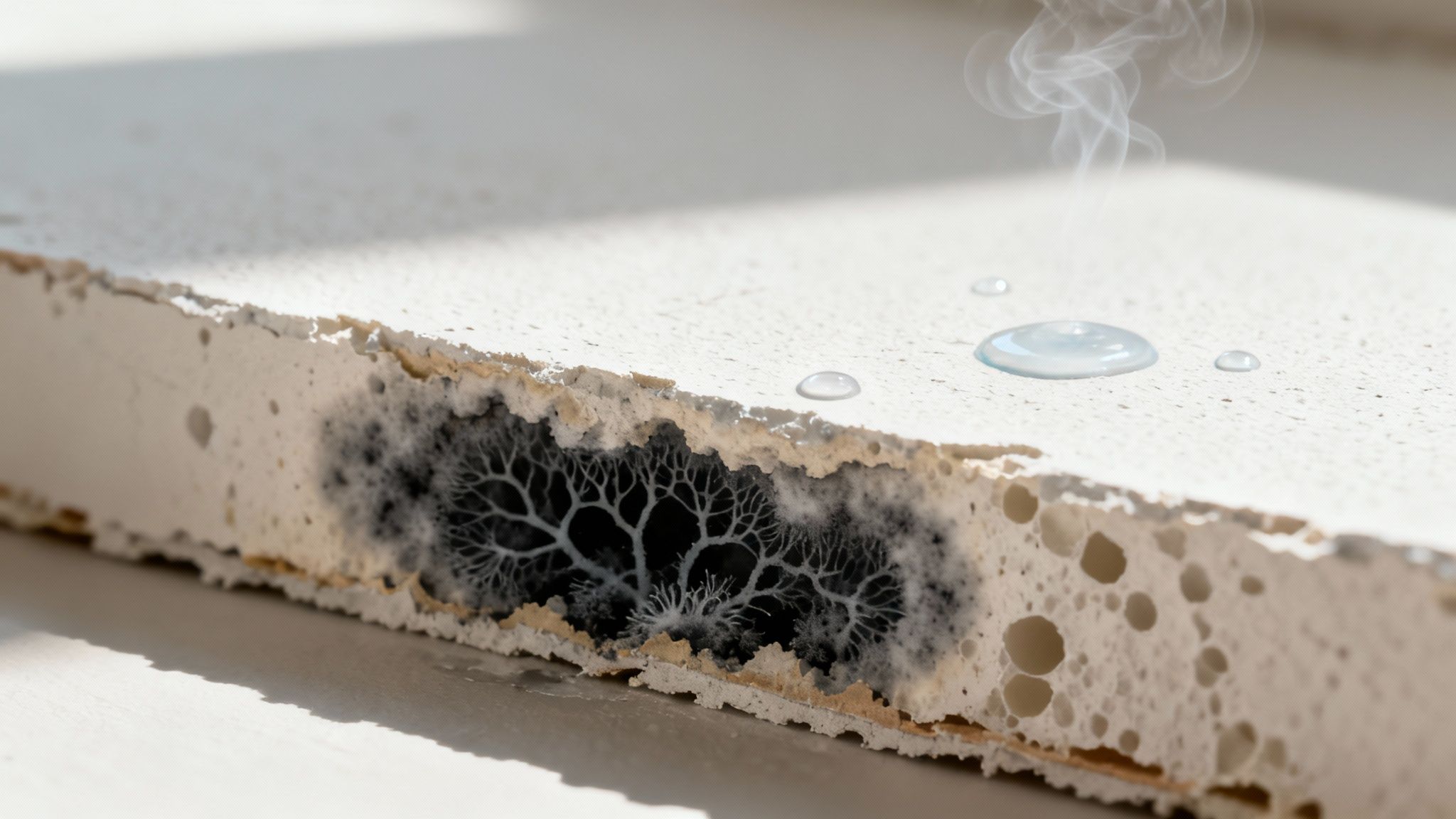 A microscopic view of mold hyphae spreading through a porous material like drywall.