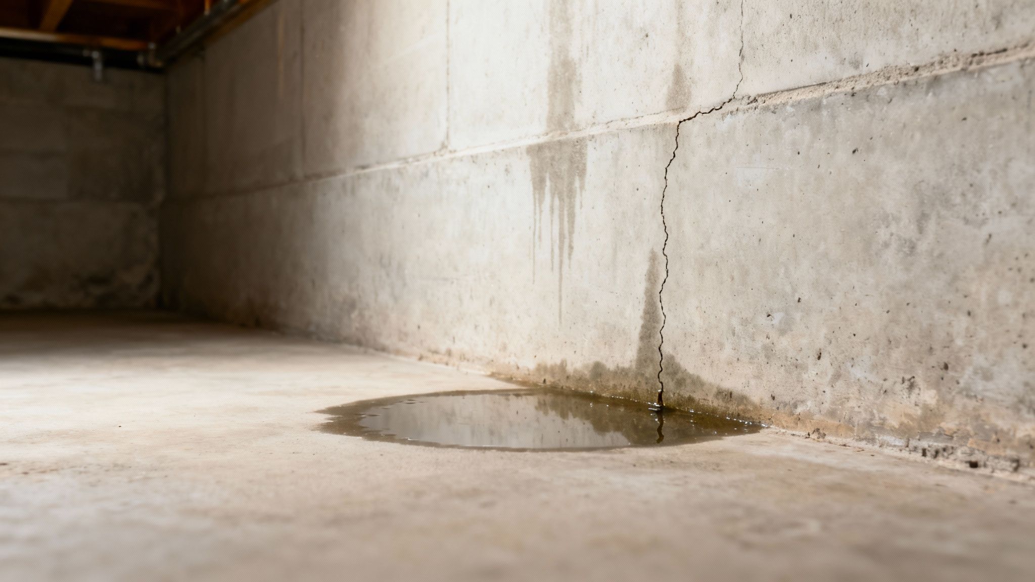 Concrete basement wall with vertical crack and water puddle pooling on floor indicating water damage
