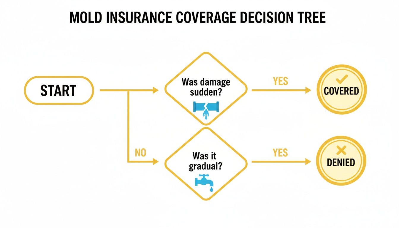 Flowchart depicting mold insurance coverage decisions, showing sudden damage is covered, while gradual damage is denied.