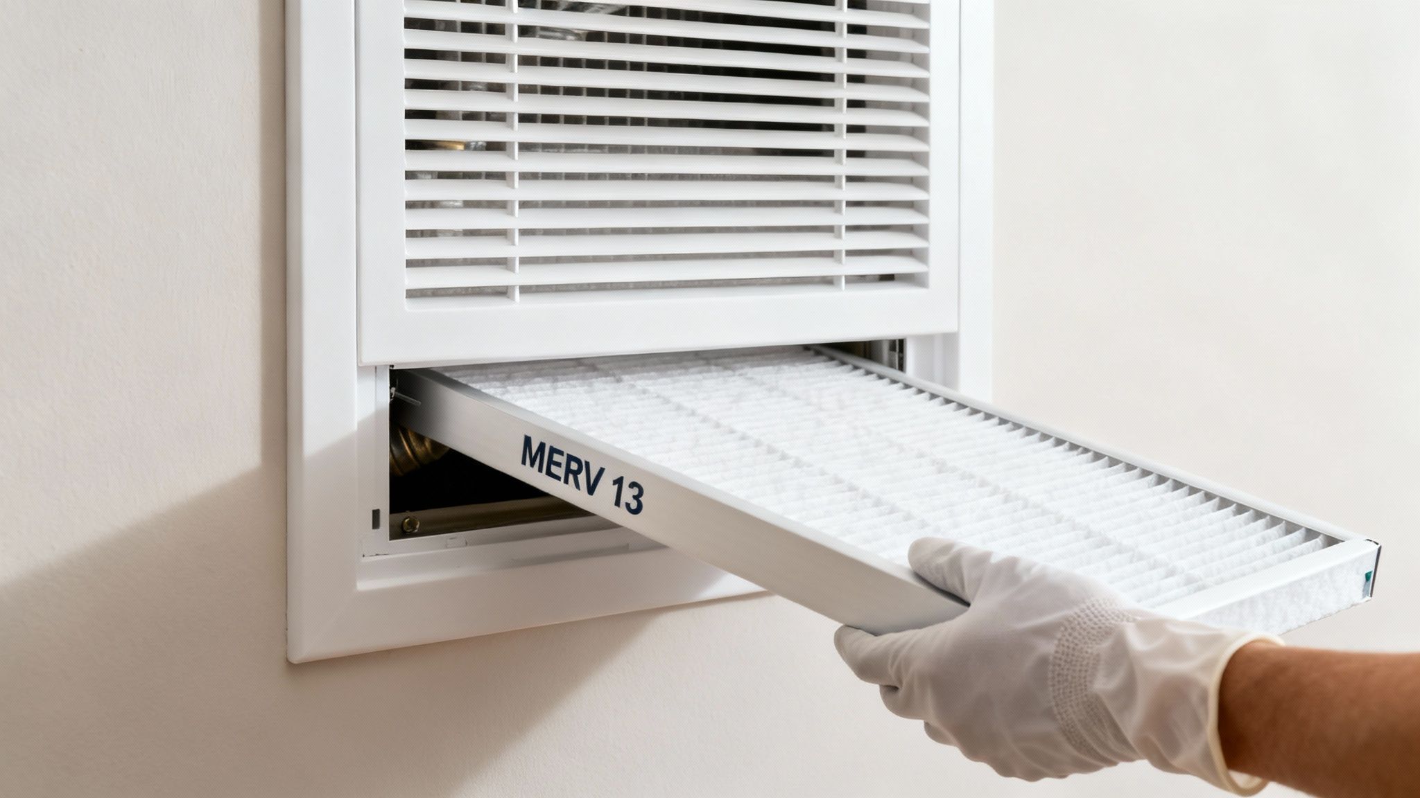 A gloved hand removes a MERV 13 air filter from a white HVAC return vent on a wall.