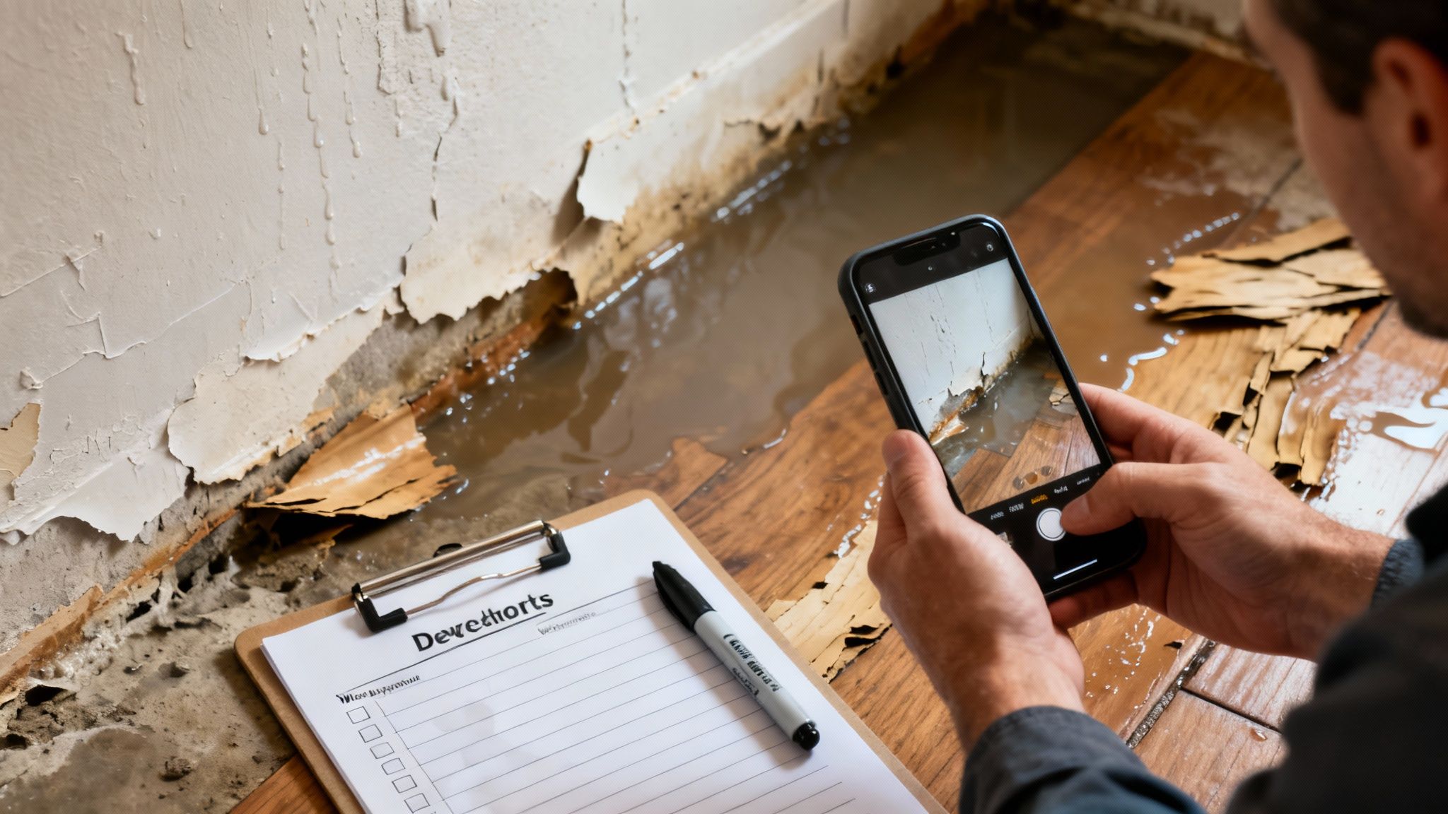 A person documents severe water damage in a flooded basement with a smartphone and clipboard.
