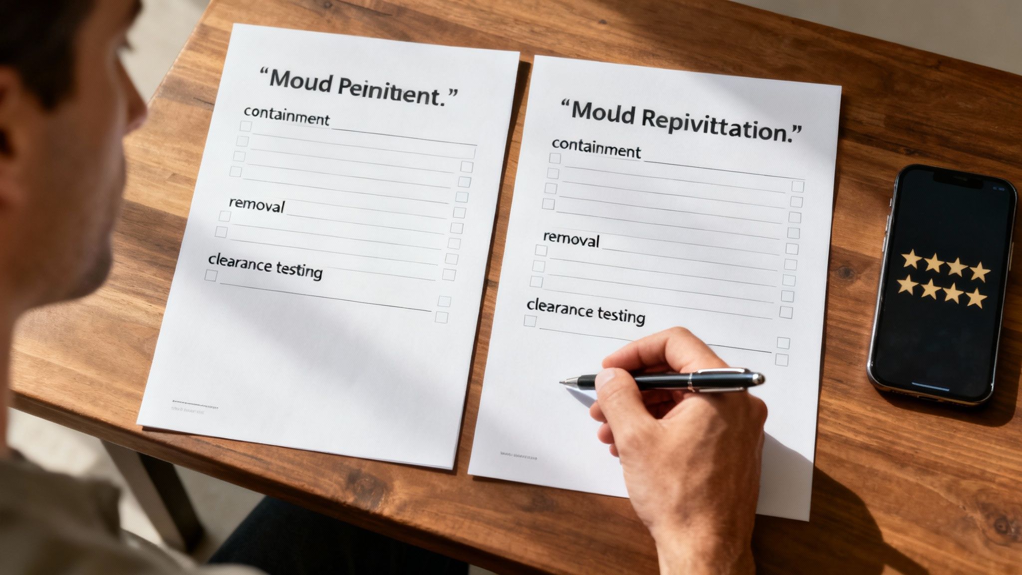 A contractor presenting a mold removal quote on a clipboard to a homeowner in Los Angeles.