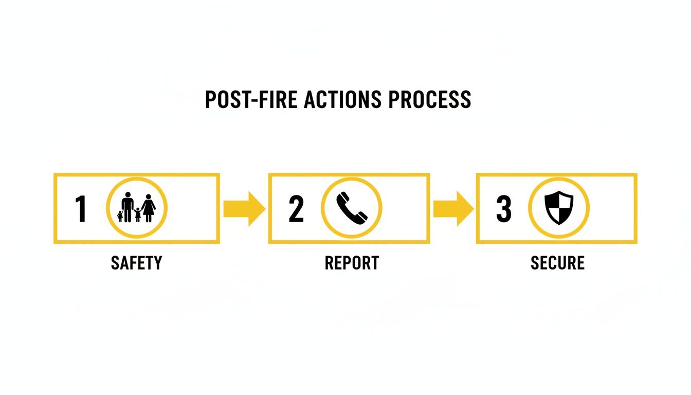 Infographic showing a three-step post-fire actions process: safety with family icon, report with phone icon, and secure with shield icon.