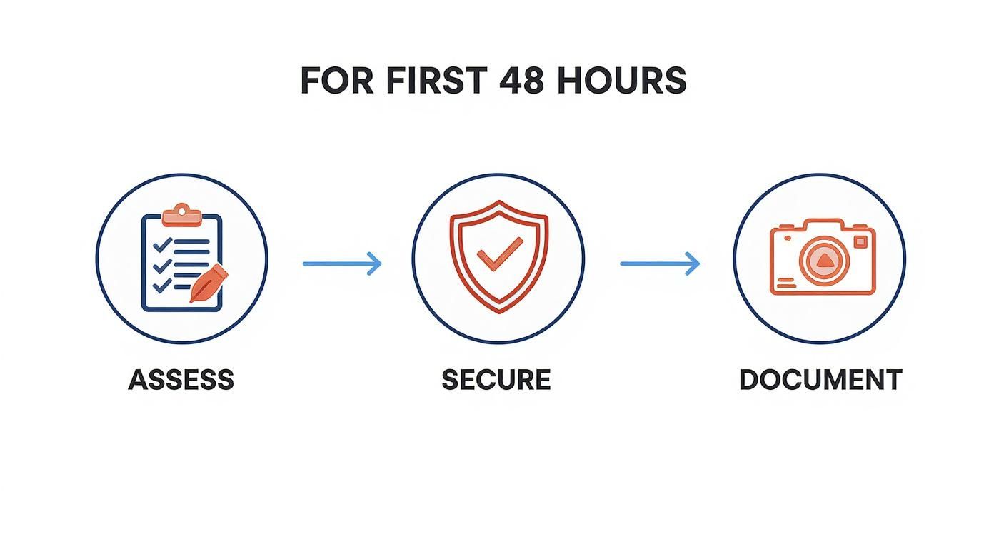 Infographic detailing the first steps in fire damage restoration: Assess, Secure, and Document.