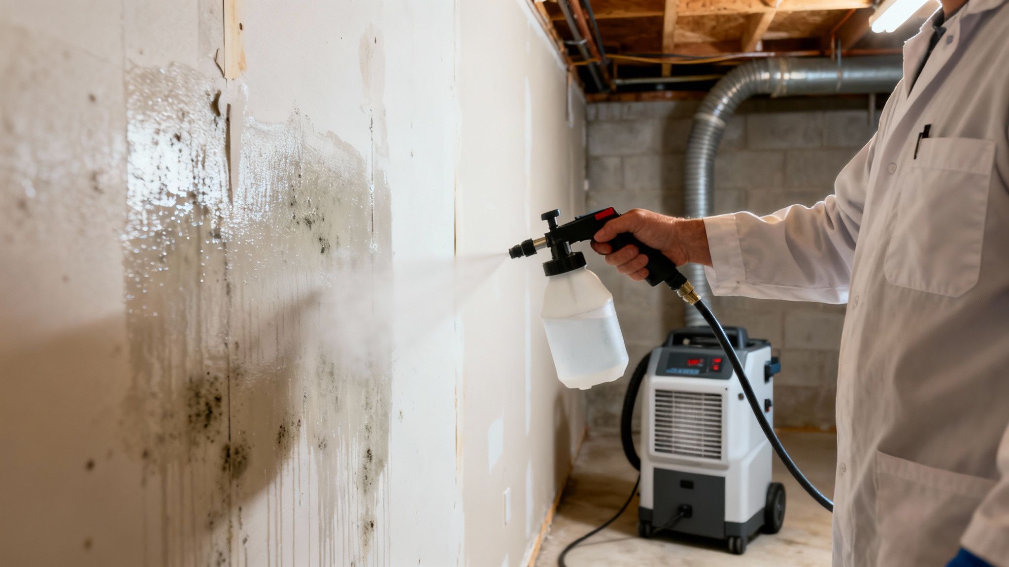 A technician in a white coat sprays mold remover on a damp, mold-covered basement wall.