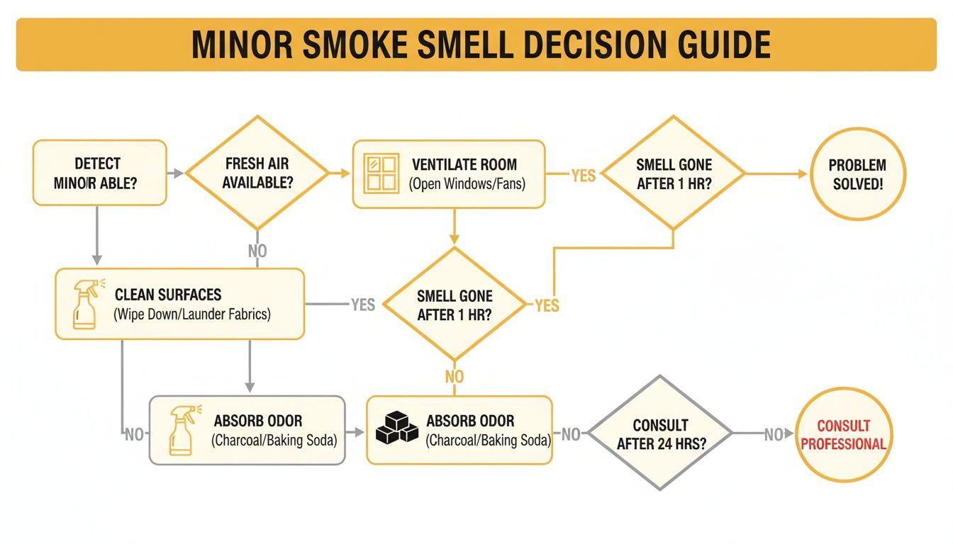 Flowchart for dealing with minor smoke smell: ventilate, clean, absorb, or consult.