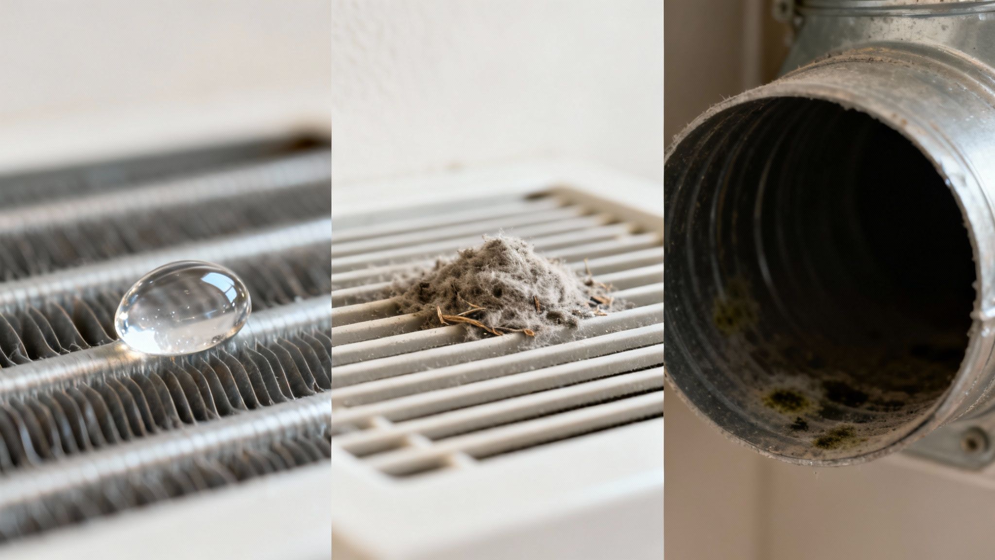 Close-up images show a water droplet on AC fins, dust on a vent, and mold inside an air duct.