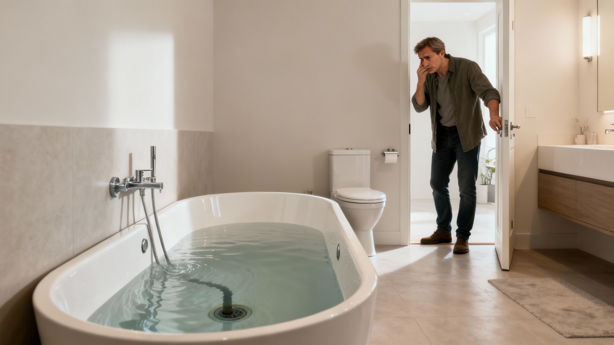 A concerned man talks on his phone while a white bathtub overflows with water in a modern bathroom.
