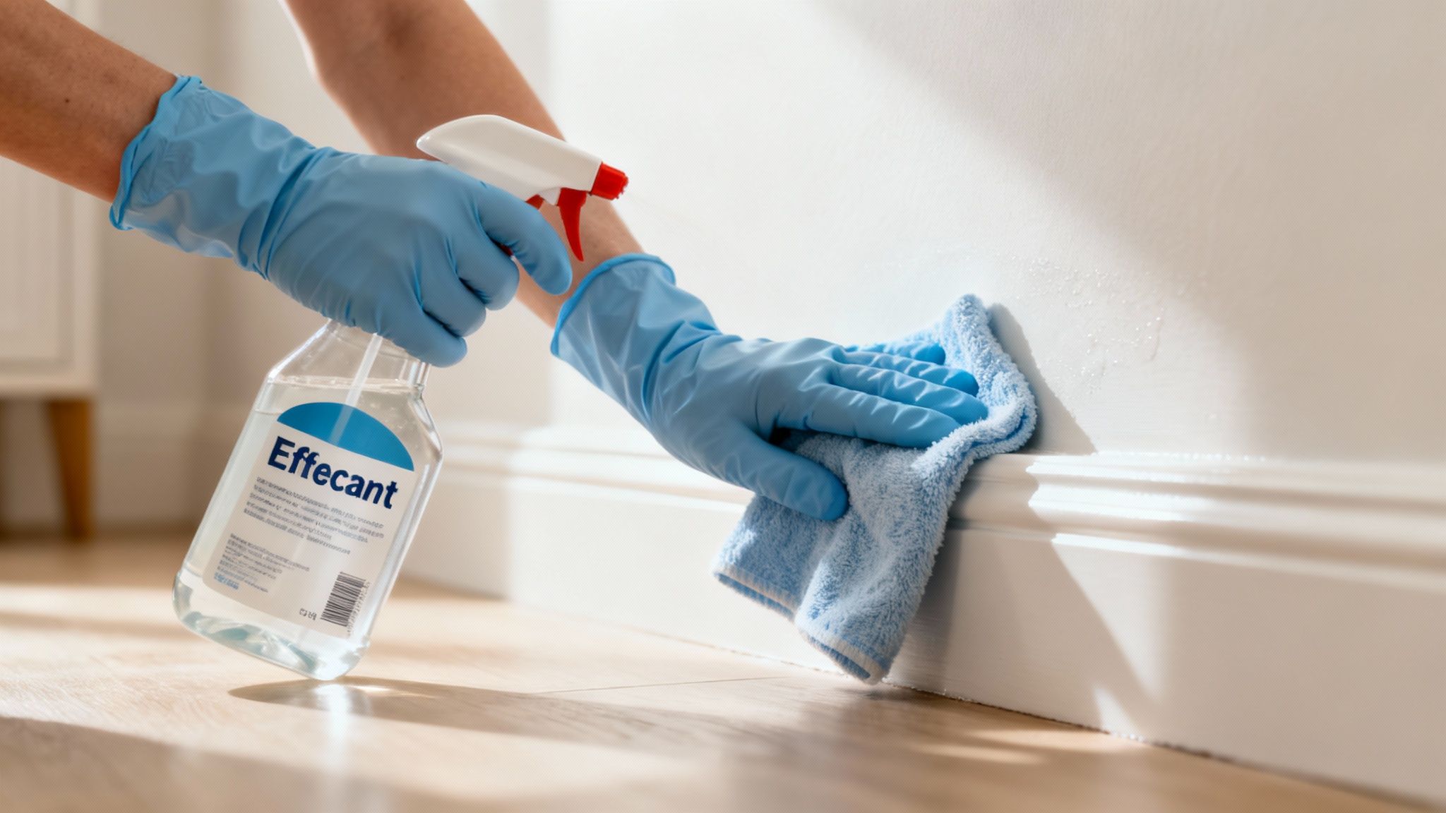 A restoration professional wearing protective gear is spraying a sanitizing agent on a wall that was previously affected by water damage.