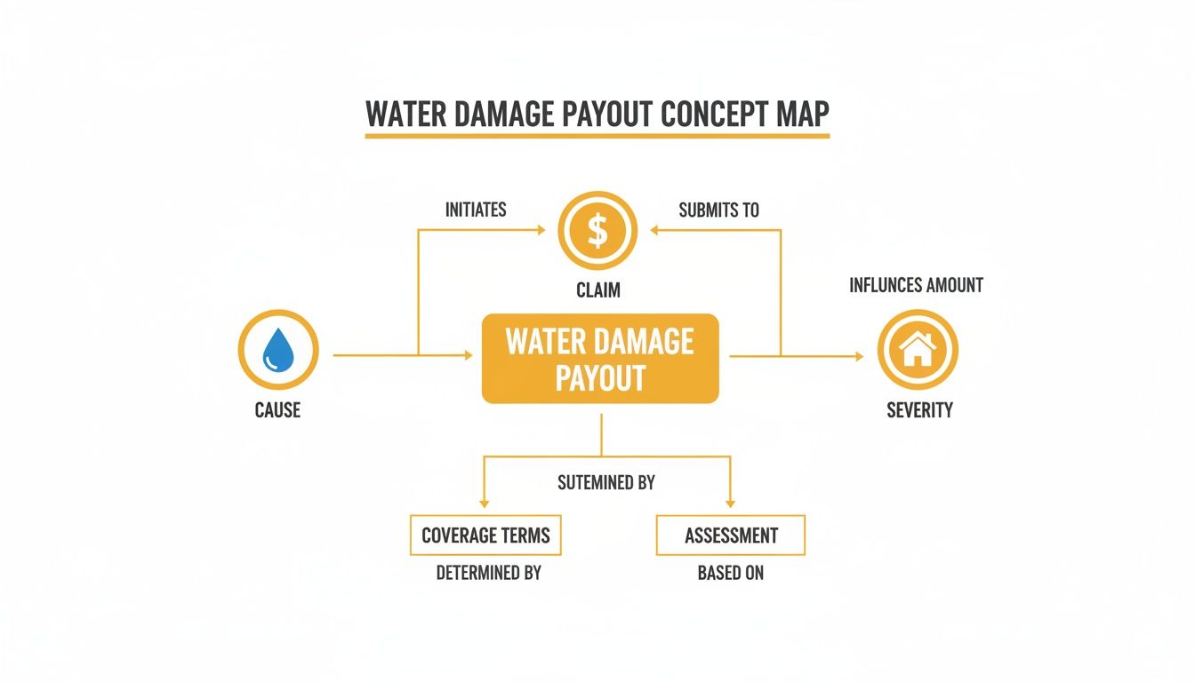 A concept map illustrating the factors influencing and determining a water damage insurance payout.