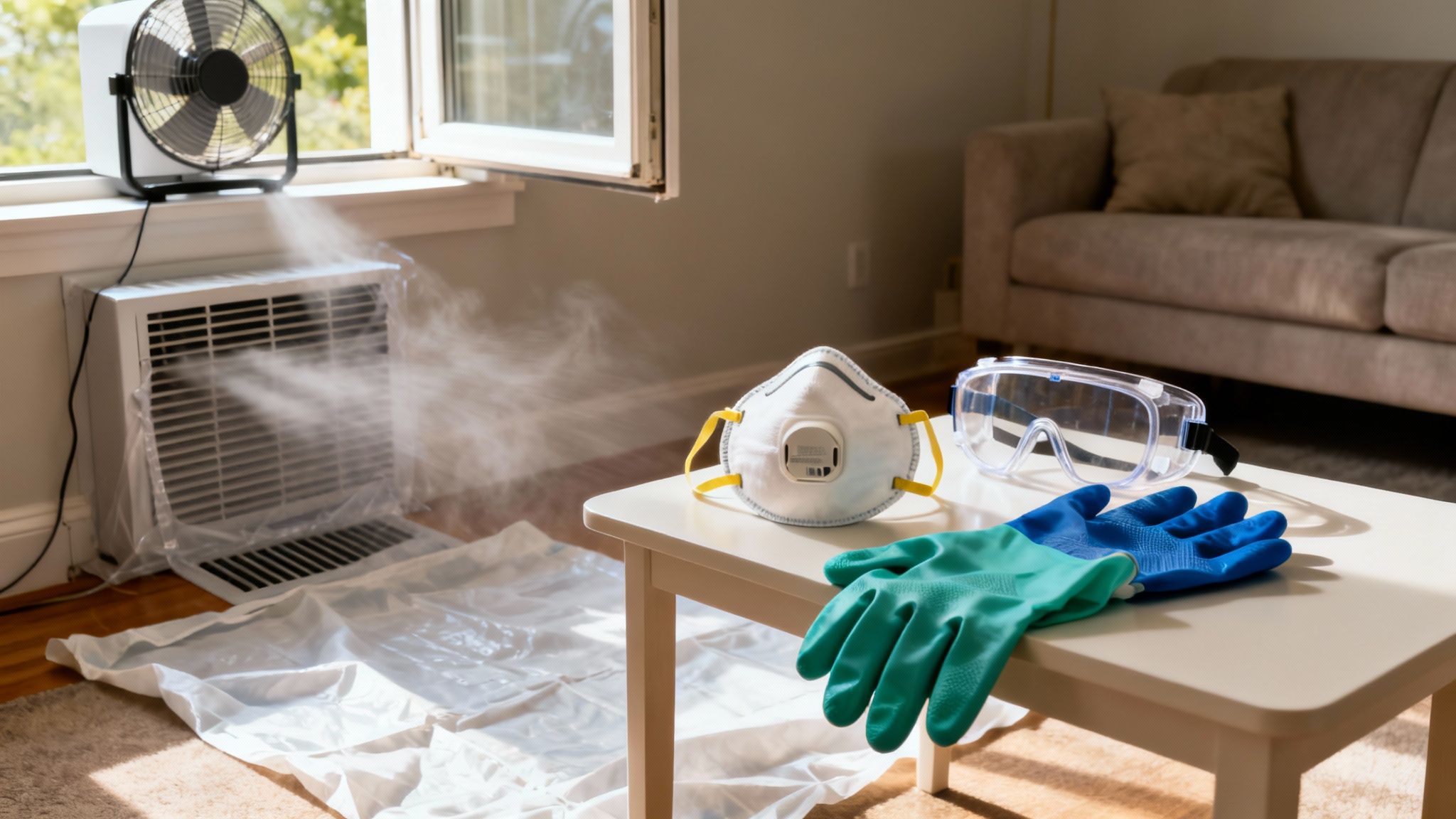 Protective gear like mask, goggles, and gloves on a table near a fan and AC mist.
