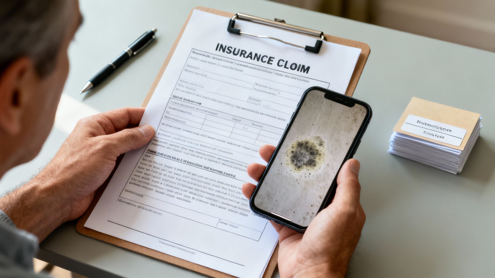 A person holds an insurance claim form and a smartphone displaying a mold issue, indicating a damage claim.