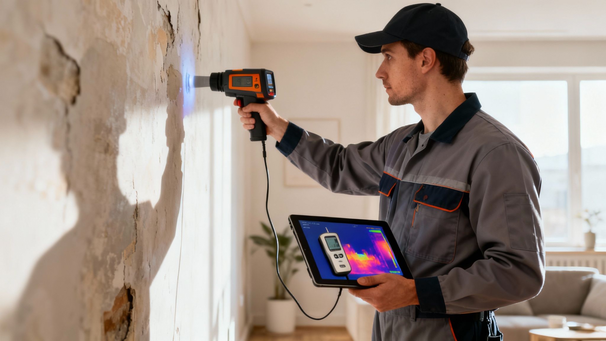 A man in a uniform uses a thermal imaging camera to inspect a damaged wall for moisture.
