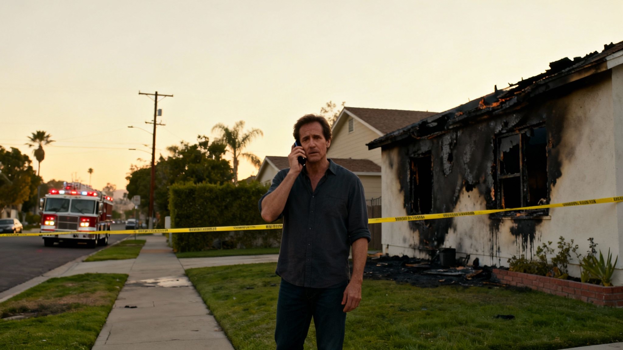 A man on the phone stands in front of a house severely damaged by fire, with a fire truck in the distance.