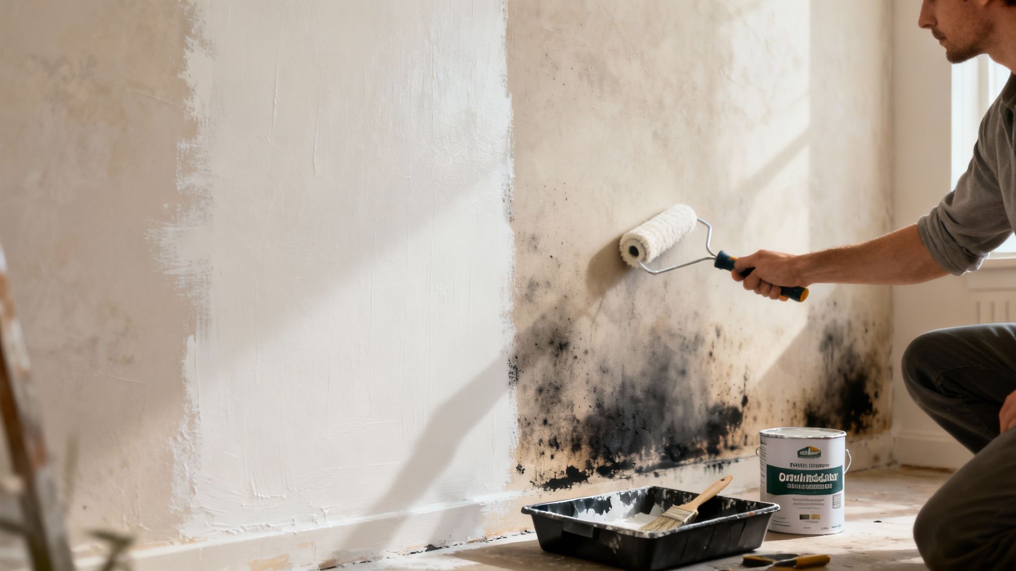 A person painting over a heavily moldy or sooty wall with white paint using a roller.